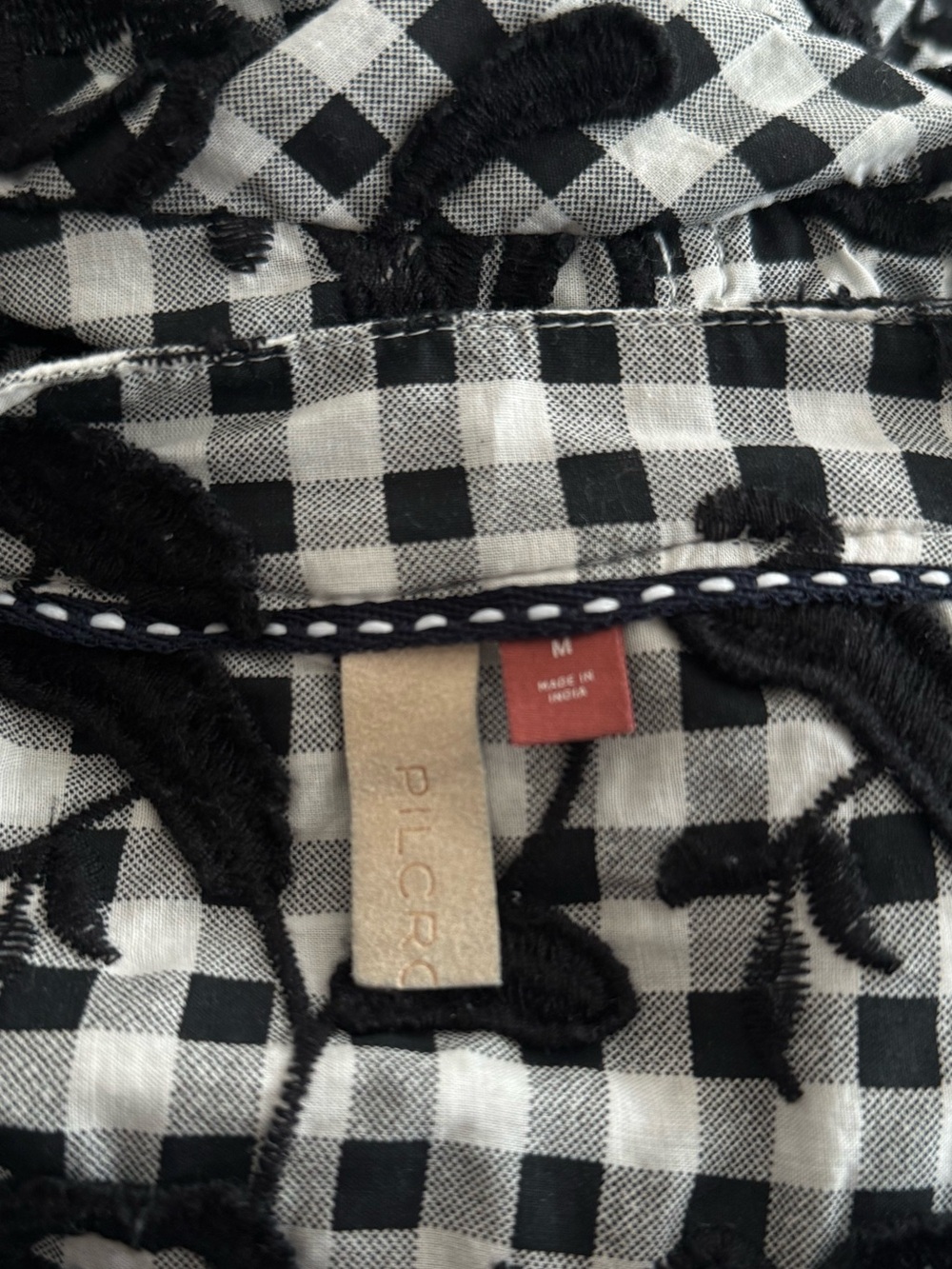 Anthropologie Pilcro Embroidered Gingham Peplum Blouse M Black White Cotton Top - Picture 4 of 8